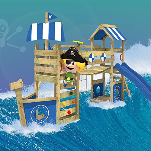 WICKEY Parque infantil de madera StormFlyer con columpio y tobogán azul, Casa de juegos de jardín con arenero y escalera para niños