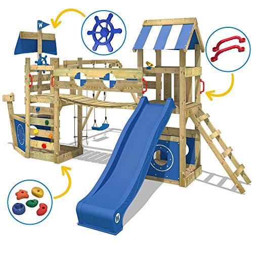 WICKEY Parque infantil de madera StormFlyer con columpio y tobogán azul, Casa de juegos de jardín con arenero y escalera para niños
