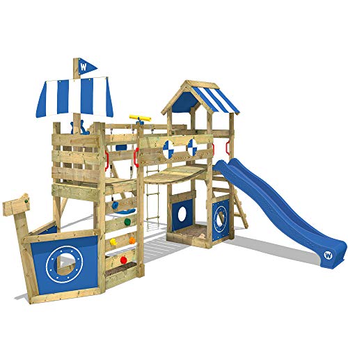 WICKEY Parque infantil de madera StormFlyer con columpio y tobogán azul, Casa de juegos de jardín con arenero y escalera para niños