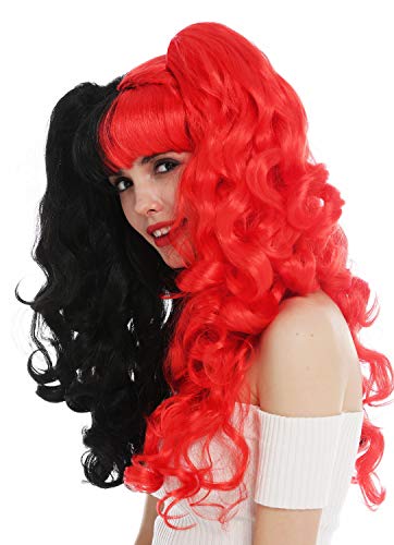 WIG ME UP- SH70103 Peluca Carnaval Cosplay Mujeres Trenzas de Quita y pon Pelo Largo Rizado Lolita gótica Negro Rojo Dividido