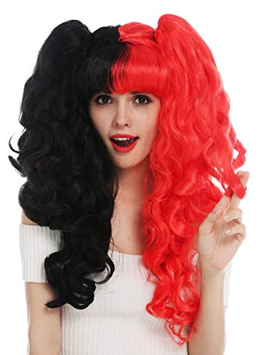 WIG ME UP- SH70103 Peluca Carnaval Cosplay Mujeres Trenzas de Quita y pon Pelo Largo Rizado Lolita gótica Negro Rojo Dividido