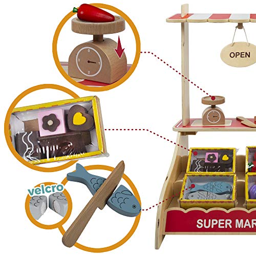 WOOMAX Supermercado Madera con Accesorios Comida, Caja registradora, Complementos cocinitas niños 3 años Juguete educativo Juego Imitación (Colorbaby 85387)