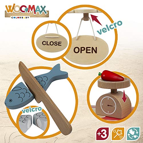 WOOMAX Supermercado Madera con Accesorios Comida, Caja registradora, Complementos cocinitas niños 3 años Juguete educativo Juego Imitación (Colorbaby 85387)