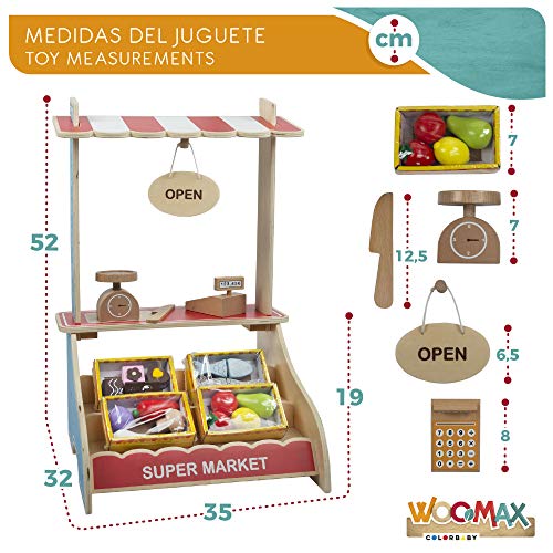 WOOMAX Supermercado Madera con Accesorios Comida, Caja registradora, Complementos cocinitas niños 3 años Juguete educativo Juego Imitación (Colorbaby 85387)