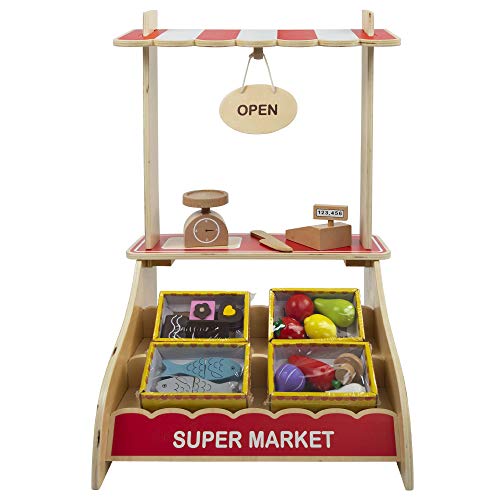 WOOMAX Supermercado Madera con Accesorios Comida, Caja registradora, Complementos cocinitas niños 3 años Juguete educativo Juego Imitación (Colorbaby 85387)