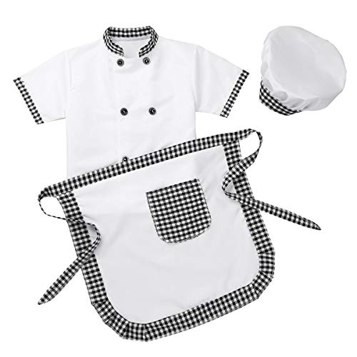 YOOJIA Unisex Disfraz de Cocinero 3Pcs Camiseta Manga Corta/Delantal/Sombrero Uniforme de Panadero Cosplay Chef de Fiesta Halloween 4-14Años Gris 10-12 Años