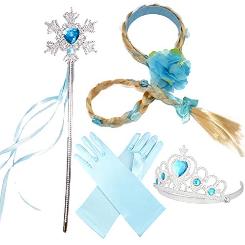 YouKD 4 piezas de disfraz de princesa para niñas tiara trenzada peluca guantes varita mágica niña caníbal Halloween cosplay regalo de cumpleaños para niños de 3 a 14 años