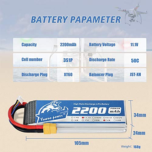 YOWOO 2 Piezas 11.1v 3S 2200mAh 50C Batería de lipo con Enchufe XT60 Batería RC para E-flite Valiant Parkzone E4F Wildcat Great Planes E-Cub RC Coche Barco Camión Heli Avión Helicóptero Quadcopter