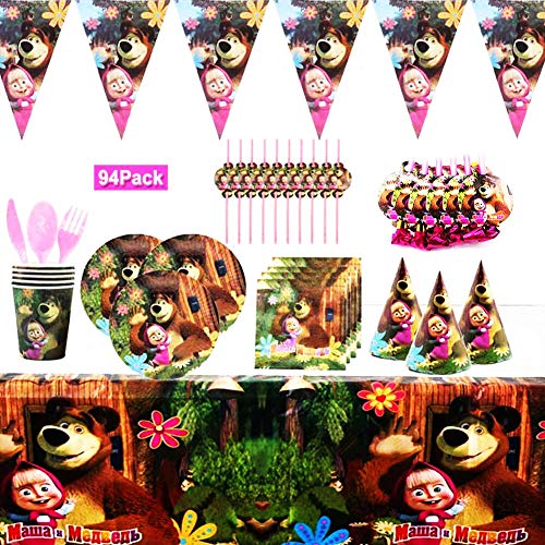 YUIP 94 Piezas Masha y el oso Tema Suministros Vajilla de Fiesta Set, Juego Vajilla Fiesta Cumpleaños Papel, Platos Mantel Servilletas Vajilla Cumpleaños Decoracion para Niños