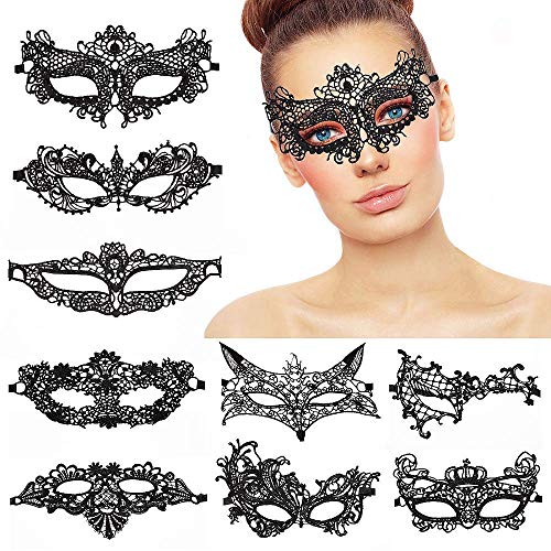 ZARRS Máscara de Encaje,9 Pack Masquerade Veneciano Máscaras Niñas Mujeres para Carnaval Fiesta de Baile Negro