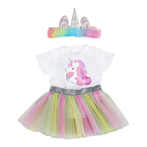 ZWOOS Ropa para Muñecas bebé, Mameluco Unicornio y Falda y Diadema para 18" Muñecas (40-45 cm), Juego de 3