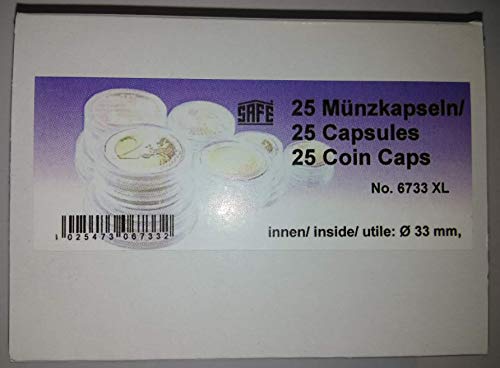 100 cápsulas de monedas SAFE CAPS de 33 mm. Ideal para medallas, monedas, monedas, monedas, 20 francos suizos, 20 Mark DDR, 3 Mark Dt. Kaiserreich, borde de Krügerrand de 1 onza de oro, 50 $ dólar oro American Eagle - 10 EURO/DM - Coincaps Cápsulas