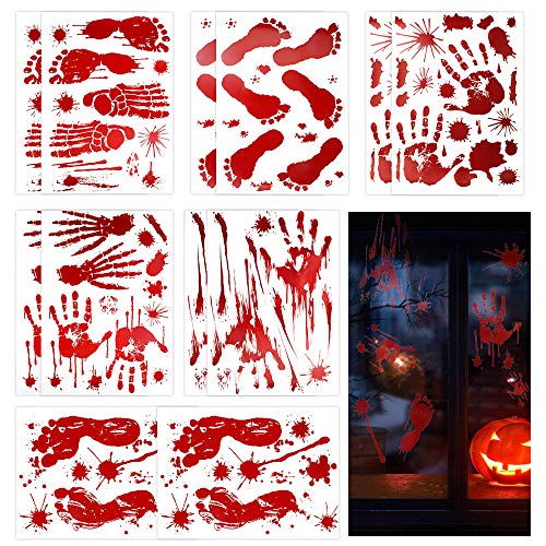 172pcs Pegatinas de Ventana Halloween Decoración de Terror, Decoración Sangrienta Pegatina de Sangre, Huellas de Manos Sangrientas para Ventanas, Espejos, Piso, Puerta (12 Hojas)