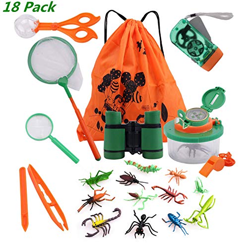 18pcs Kit Adventure–Prismáticos, Linterna a manivela, Vaso, Lente de Aumento, Silbato y Mochila con Cordón, Kit de Barco Explorador para Niños para Acampada y Senderismo