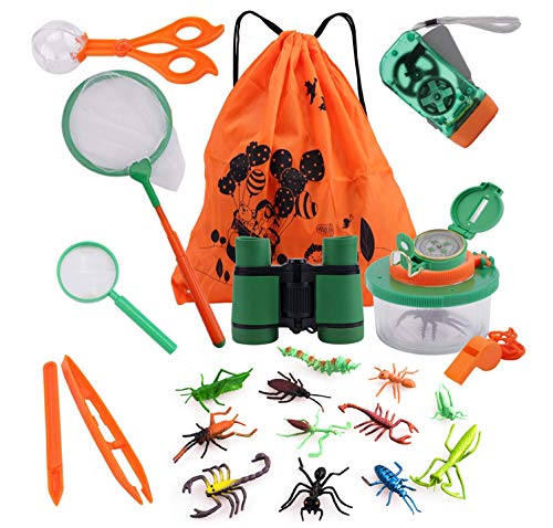 18pcs Kit Adventure–Prismáticos, Linterna a manivela, Vaso, Lente de Aumento, Silbato y Mochila con Cordón, Kit de Barco Explorador para Niños para Acampada y Senderismo