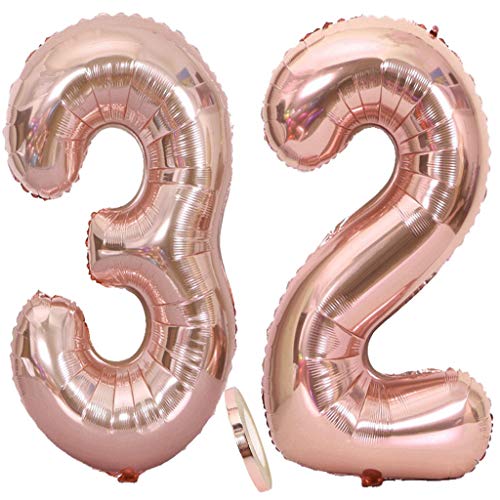 2 Globos Número 32 Oro Rosa, Ouceanwin Gigante Foil Globos Numeros 32 Grande Globo de Papel de Alumini, 40" Globo Inflable Helio para Decoraciones de Fiesta de Cumpleaños 32 Años Señoras (100cm)