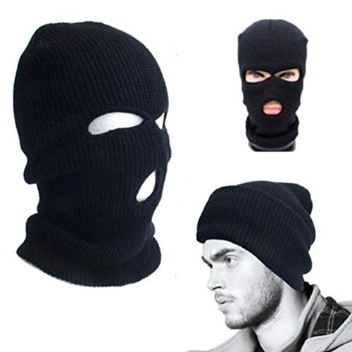 3 Hole Knit Mask Knit Caps al aire libre cubierta de la cara completa Warm Ski Head Hood sombrero cara Shield Beanie pasamontañas para hombres mujeres (negro)