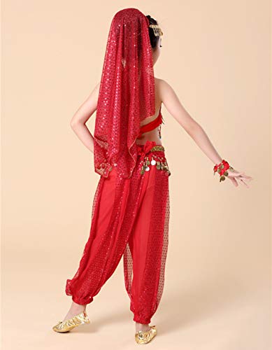 7 Piezas Niña Traje de Danza del Vientre Lentejuela Baile India Disfraces Belly Dance Cosplay Halloween Carnaval Fiesta Costume