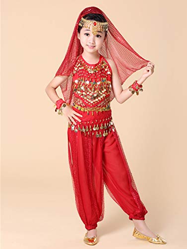 7 Piezas Niña Traje de Danza del Vientre Lentejuela Baile India Disfraces Belly Dance Cosplay Halloween Carnaval Fiesta Costume