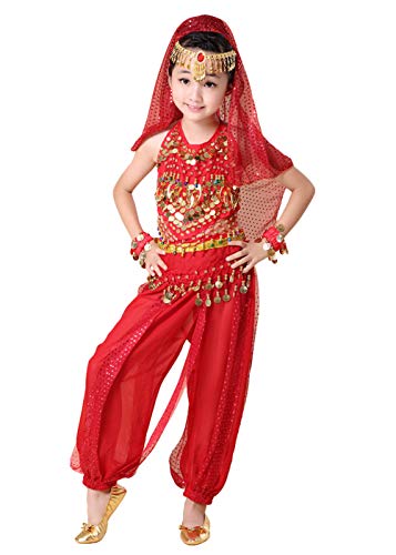 7 Piezas Niña Traje de Danza del Vientre Lentejuela Baile India Disfraces Belly Dance Cosplay Halloween Carnaval Fiesta Costume