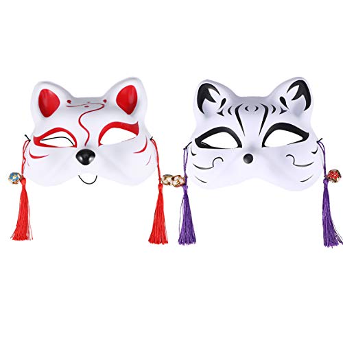 Amosfun 2 máscaras de Fox para adultos y niños, Kabuki Kitsune japoneses para cosplay para hombres y mujeres, disfraz de rendimiento