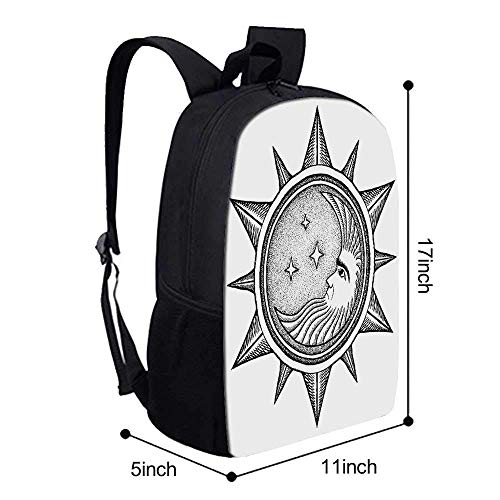 AOOEDM Backpack Mochila Escolar Elegante con decoración Oculta, Luna Dentro del Sol con Estrellas Alquimia Clandestine Esoteric Solar Crescent Art para niños, 11 'L x 5' W x 17 'H