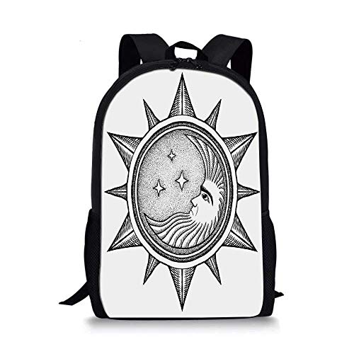 AOOEDM Backpack Mochila Escolar Elegante con decoración Oculta, Luna Dentro del Sol con Estrellas Alquimia Clandestine Esoteric Solar Crescent Art para niños, 11 'L x 5' W x 17 'H