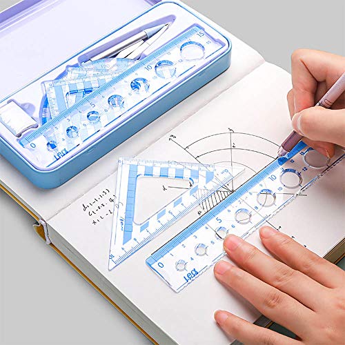 ASFINS Compas Escolar, 7 Piezas Compas Dibujo Tecnico Set de Geometría, Incluye Compas de Dibujo, Regla, Transportador de Angulos, Borrador, Compás Set para Escuela y Oficina, Azul