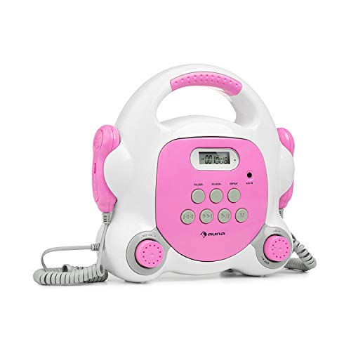 auna Pocket Rocker BT - Equipo de Karaoke, Conectividad Bluetooth, 2 micrófonos de Mano, Puerto USB para Reproducir MP3, Pantalla LCD, Conector AUX, Asa, Enchufado o con batería, Fucsia