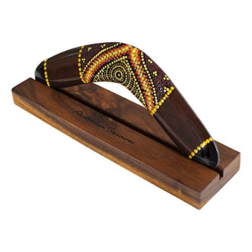 Australian Treasures - Boomerang de Madera Hecho a Mano - de 30cm - con Soporte de Boomerang de Madera Dura - Estilo aborigen Boomerang