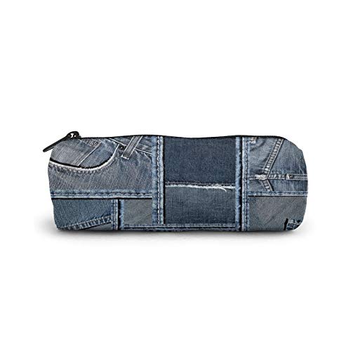 Azul Denim Patchwork Patrón Lápiz Estuche Titular Cremallera Pluma Bolsa Bolsa Estudiantes Papelería Cosméticos Bolsa Viaje Almacenamiento Maquillaje Bolsos Monedero