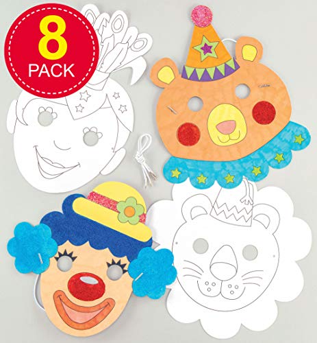 Baker Ross- Kits de caretas de personajes del circo para colorear (Pack de 8) -Manualidades infantiles para decorar caretas variadas de personajes del circo y disfrazarse