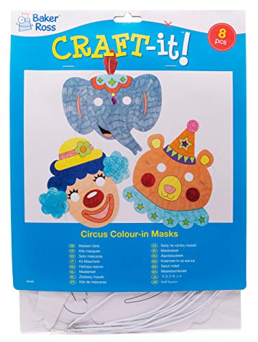 Baker Ross- Kits de caretas de personajes del circo para colorear (Pack de 8) -Manualidades infantiles para decorar caretas variadas de personajes del circo y disfrazarse