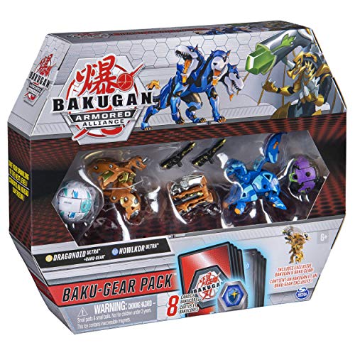 Bakugan Baku-Gear Pack con 4 Armored Alliance Bakugan (Ultra Aurelus Dragonoid, Ultra Aquos Howlkor, Basic Haos Pegatrix, Basic Darkus Hydorous) y 1 Juego de Herramientas Baku-Gear