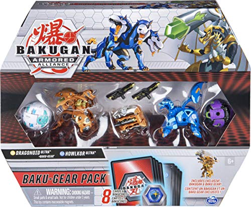 Bakugan Baku-Gear Pack con 4 Armored Alliance Bakugan (Ultra Aurelus Dragonoid, Ultra Aquos Howlkor, Basic Haos Pegatrix, Basic Darkus Hydorous) y 1 Juego de Herramientas Baku-Gear