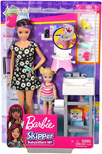 Barbie - Muñeca Skipper hermana de Barbie, niñera en cuarto de baño - (Mattel FJB01)