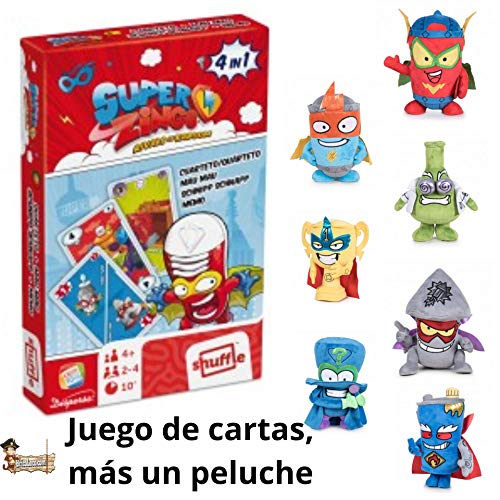 BricoLoco. Juego de cartas superzings: MEMO, QUARTET, MAU MAU y SCHNIPP SCHNAPP. Más peluche de los Superzings de 19cm (modelo según disponibilidad)