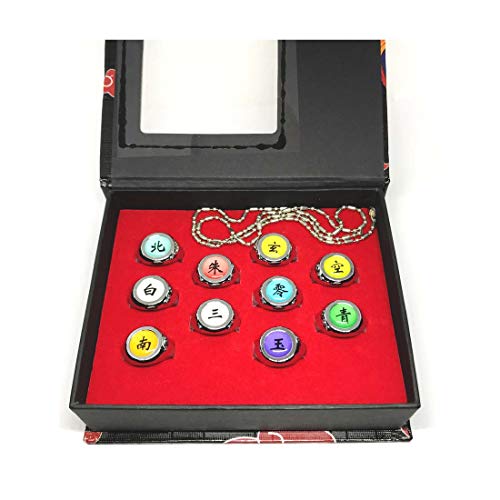 calhepco - Juego de collar y anillos ajustables del Ninja Naruto, Akatsuki Uchiha Itachi, anillo Cosplay, 10 unidades en caja