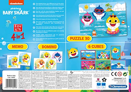 Clementoni - Edukit 4 en 1-Baby Shark (memo, Domino, Puzzle, Cubos) -Fabricado en Italiy-Memory-Juego de Memoria y lógica, 3 años +, 18099