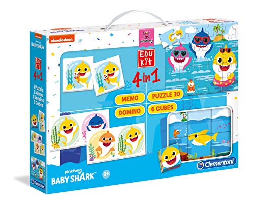 Clementoni - Edukit 4 en 1-Baby Shark (memo, Domino, Puzzle, Cubos) -Fabricado en Italiy-Memory-Juego de Memoria y lógica, 3 años +, 18099