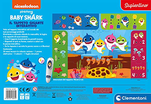 Clementoni-Sapientino – Alfombra Gigante interactiva – Baby Shark – Puzzle para niños – Juego Quiz (versión en Italiano) – Made in Italy, 3 años + (16281)