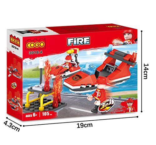 Cogo Juego Bloques de Construcción Vehículos de Bombero 3 en 1 Fire. Incluye Barco y Bote Salvavidas (105 Piezas). Juguete Ideal para Niños y Niñas. No Apto para Menores de 6 Años.