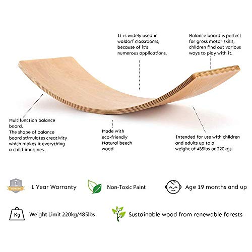 Cojin Equilibrio Tabla De Equilibrio De Madera para Niños | Tablero De Madera Montessori | Columpio Curvado Curvado | Tablero De Bamboleo, Rosa