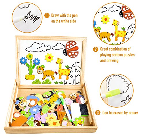 COOLJOY Puzzles Rompecabezas Magnéticos de Madera Juguete Educativo Tablero de Dibujo de Doble Cara para Niños Niña 3 Años 4 Años 5 Años - Acerca de 100 Piezas (Animal)