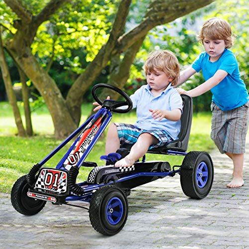 COSTWAY Go Kart Racing para Niños Coche de Pedal Asiento Ajustable con Ruedas de Goma Embrague y Freno Infantil Juguete (Azul)