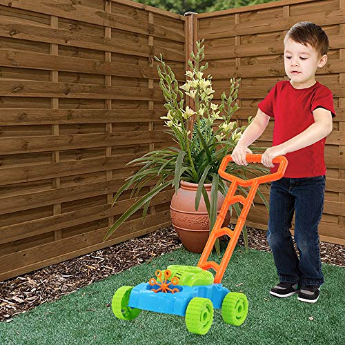 deAO Juego de Jardinería con Maquina de Burbujas Integrada Conjunto 2en1 Cortacésped de Juguete con Pompas de Jabón Juegos Infantiles y en Familia al Exterior