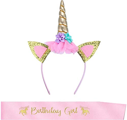 Diadema de unicornio, diadema de unicornio y cinturón de cumpleaños de niña bolso de fiesta de unicornio suministros de fiesta de cumpleaños de cuerno de unicornio diadema con brillo