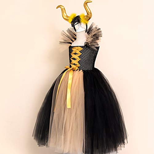 Disfraz de maléfica para niños, vestido de tul de punto hecho a mano, con diadema de cuerno de bruja malvada, Halloween, carnaval, cosplay, fiesta