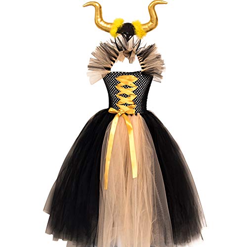 Disfraz de maléfica para niños, vestido de tul de punto hecho a mano, con diadema de cuerno de bruja malvada, Halloween, carnaval, cosplay, fiesta