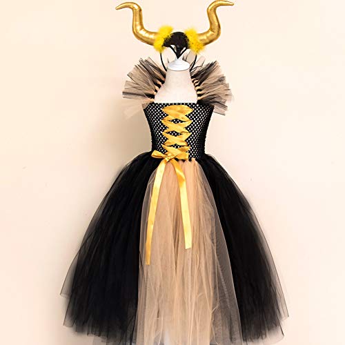 Disfraz de maléfica para niños, vestido de tul de punto hecho a mano, con diadema de cuerno de bruja malvada, Halloween, carnaval, cosplay, fiesta